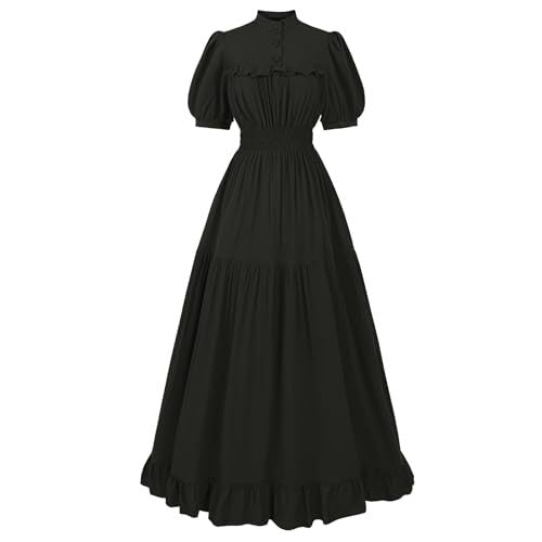 Women’s Black Ruffled Midi Dress – Vintage High Neck Smocked Waist Tiered Gothic & Maid Cosplay Costume - Halloweez
