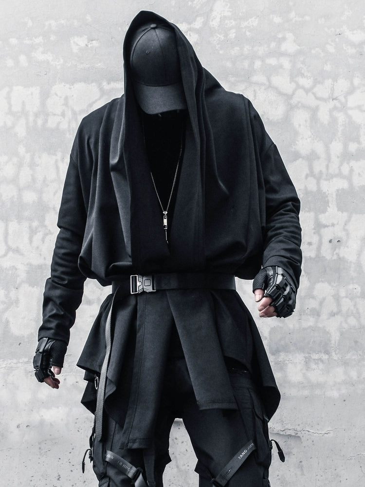 Yamamoto-Style Dark Gothic Witch Cape Coat for Men, Mid-Length Goth Cloak - Halloweez