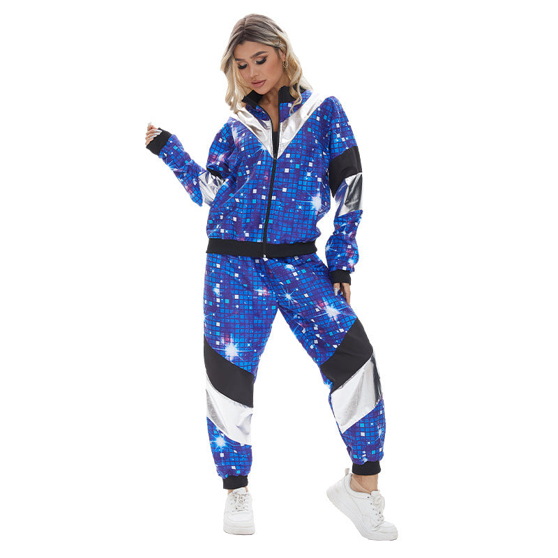 80s Retro Disco Tracksuit, Vintage Hip Hop Jacket & Pants Set, Unisex Adult Halloween Dance Costume for Party Performance - Halloweez