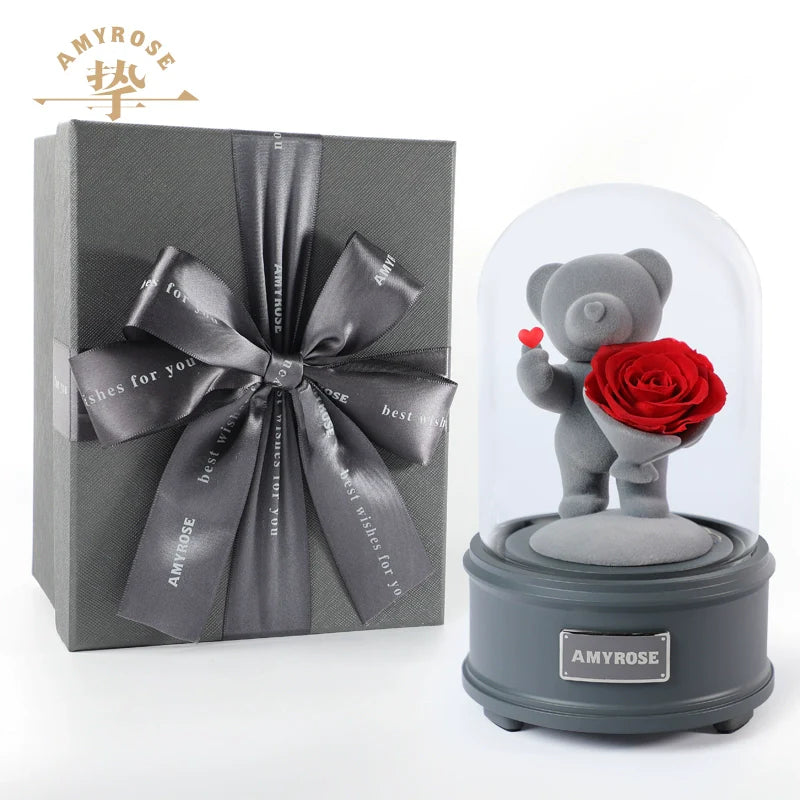 Halloweez Eternal Love Flower Gift - Exquisite Rose Bouquet in Box with Cute Bear and Bunny for Special Occasions