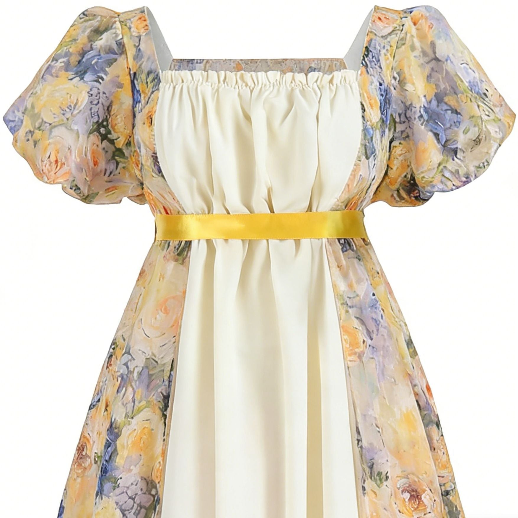 Women’s Bridgerton Style Regency Dress | Floral Maxi Gown with Puff Sleeves & Oil Painting Print - Halloweez