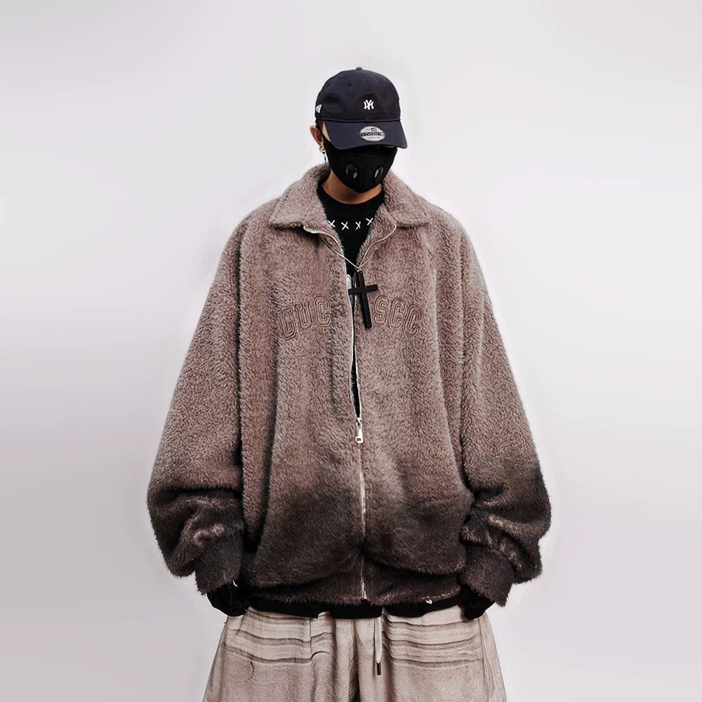 Men Oversized Hip‑Hop Mohair Knit Jacket Retro Embroidered Zip‑Up Collared Coat