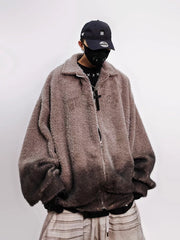 Men Oversized Hip‑Hop Mohair Knit Jacket Retro Embroidered Zip‑Up Collared Coat