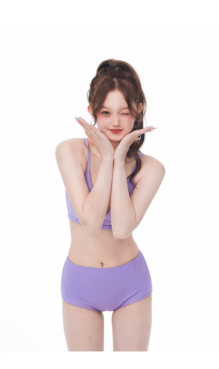 Stylish Purple 3 Piece Tankini Long Sleeve Tie Band Swimwear for Women - Halloweez