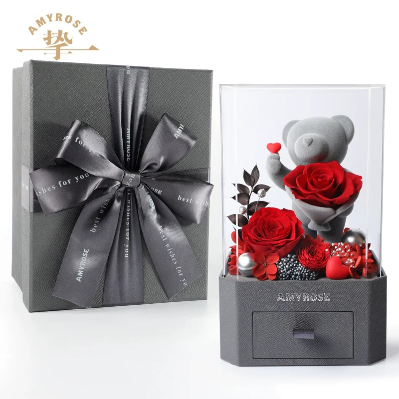 Halloweez Eternal Love Flower Gift - Exquisite Rose Bouquet in Box with Cute Bear and Bunny for Special Occasions