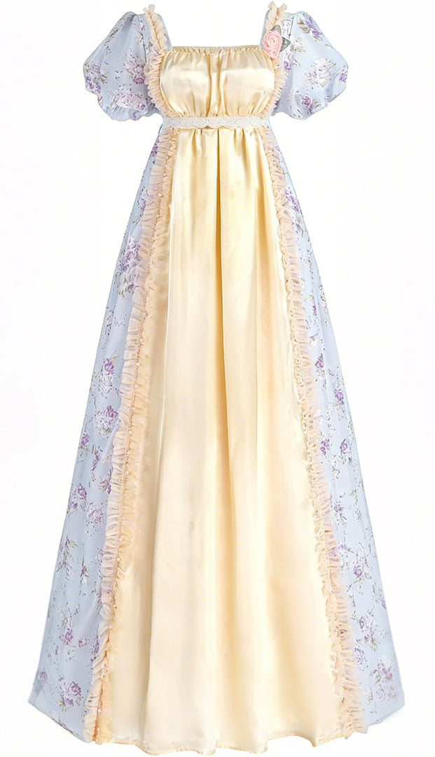 Bridgerton Inspired Women’s Regency Era Floral Maxi Dress – Puff Sleeve Empire Waist Gown for Cosplay & Themed Events - Halloweez