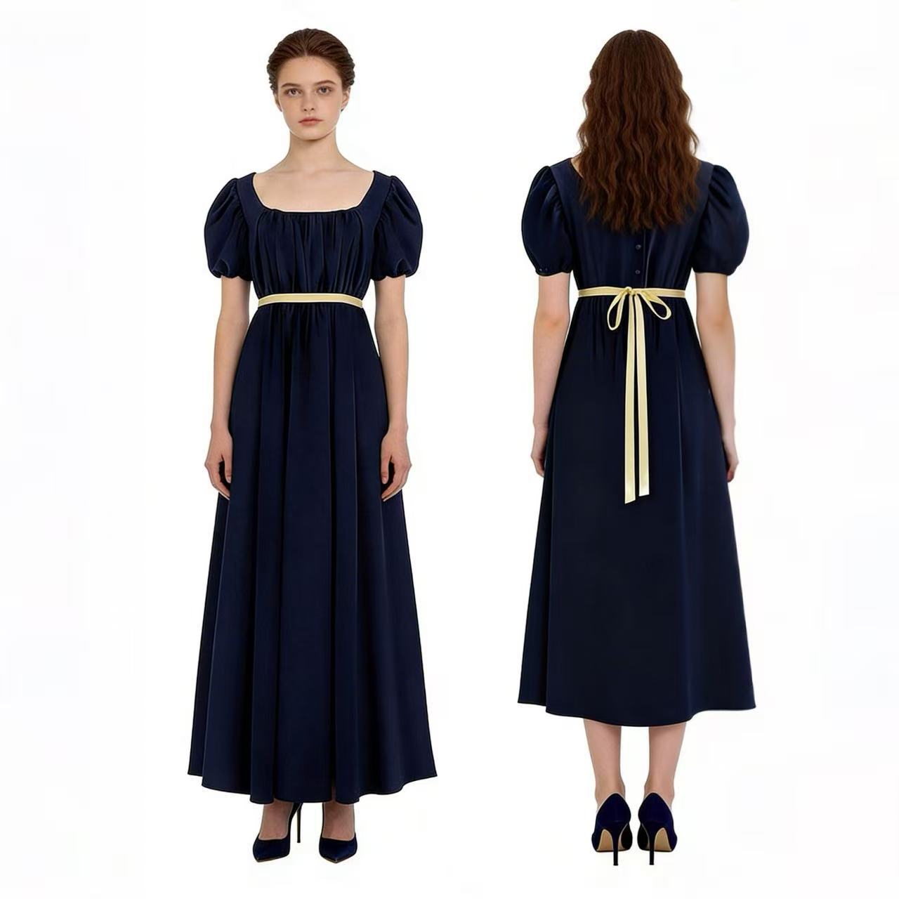 Bridgerton Inspired Women’s Regency Dress – Square Neck Empire Waist Maxi Gown with Puff Sleeves for Renaissance Fair, Tea Party & Historical Cosplay - Halloweez
