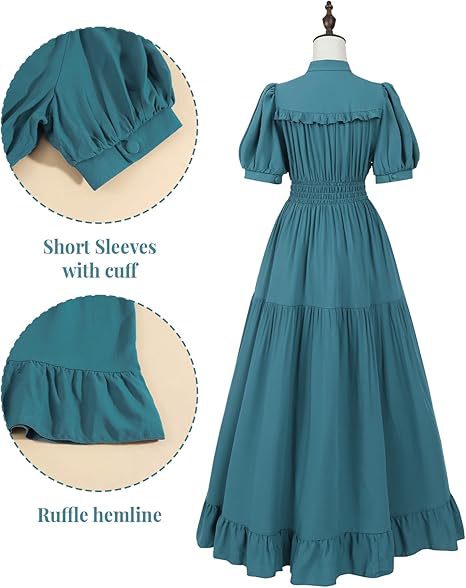 Women’s Black Ruffled Midi Dress – Vintage High Neck Smocked Waist Tiered Gothic & Maid Cosplay Costume - Halloweez