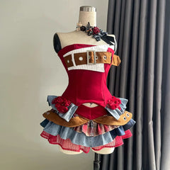 Arcane Vi Cosplay, Custom Red Brown Denim Stage Outfit for DJ Live & Halloween Comic Con