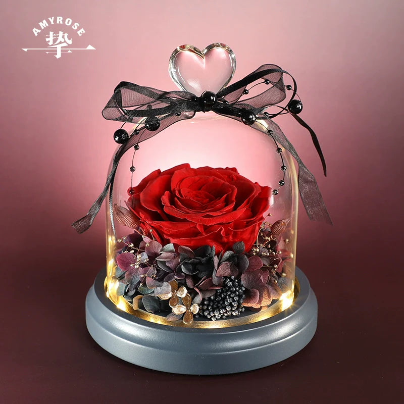 Halloweez Eternal Preserved Rose Glass Dome Heart-Shaped Bouquet - Luxury Valentine's Day Gift for Her