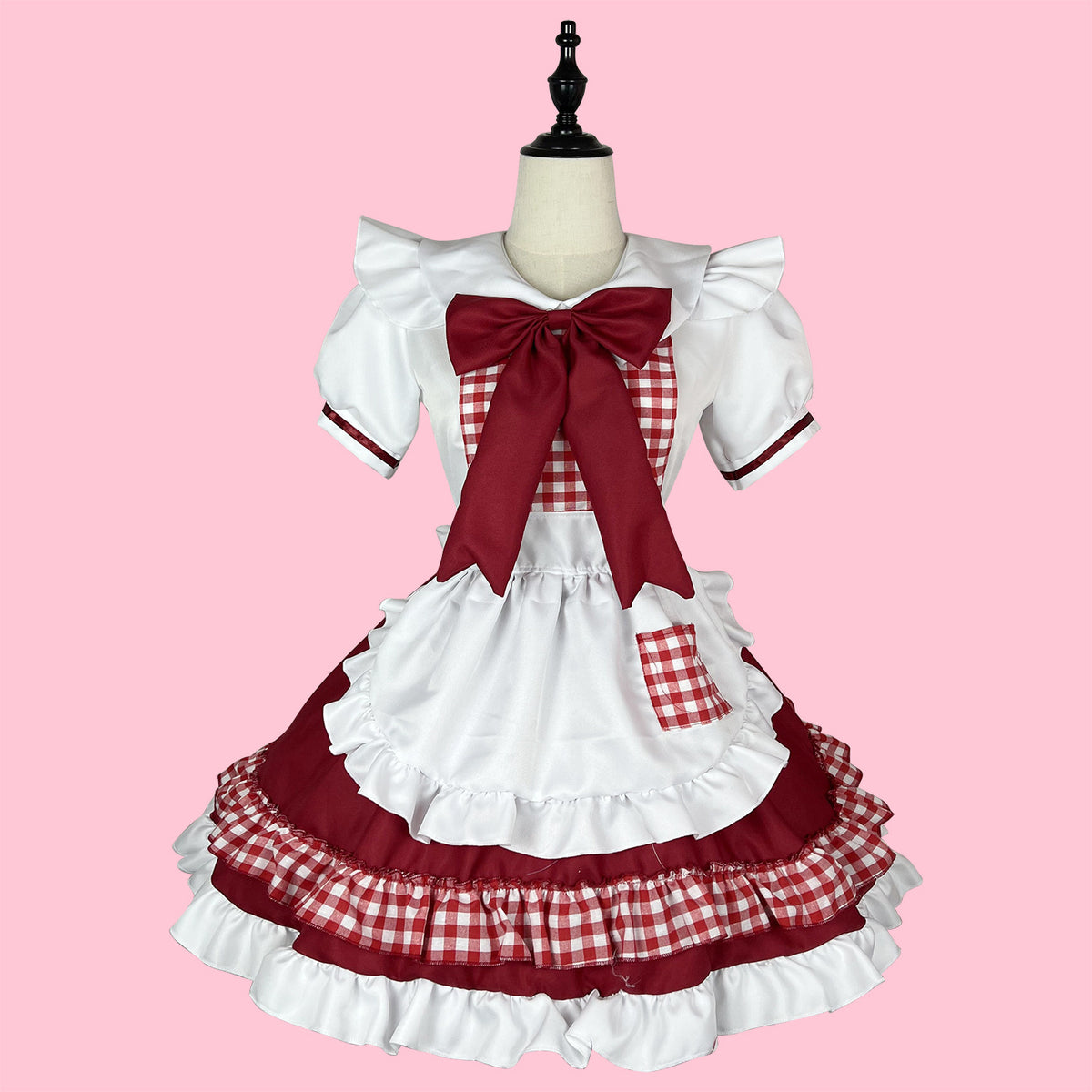 Cute Gingham Lolita Maid Cosplay Costume, Custom Plus Size Available
