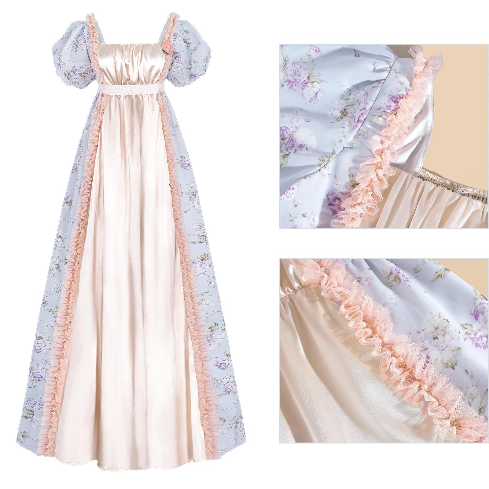 Bridgerton Inspired Women’s Regency Era Floral Maxi Dress – Puff Sleeve Empire Waist Gown for Cosplay & Themed Events - Halloweez