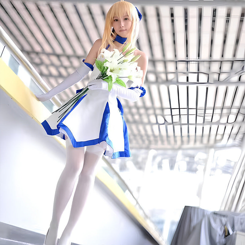 Fate Series Saber Lily White Dress Cosplay Costume, Artoria Pendragon Lily Strapless Sailor Dress Set For Anime Convention Role Play - Halloweez
