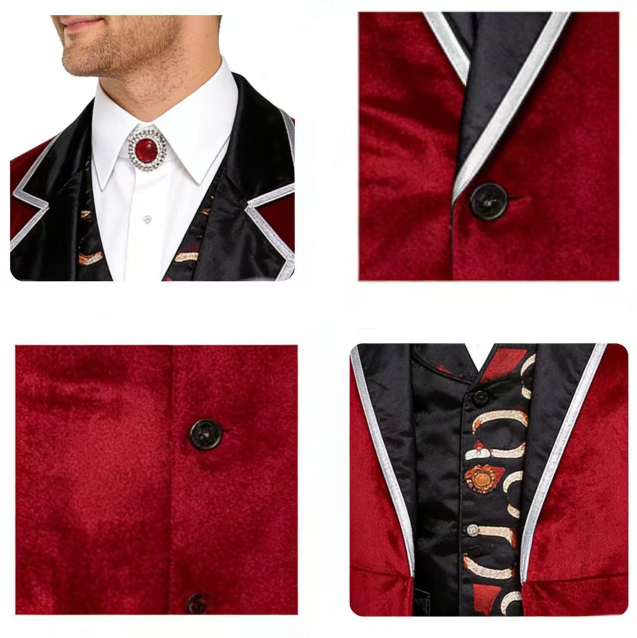 Dracula Meets Gothic Elegance: Men’s Vampire Cosplay Costume with Red Velvet Coat & Fangs Print Vest - Halloweez