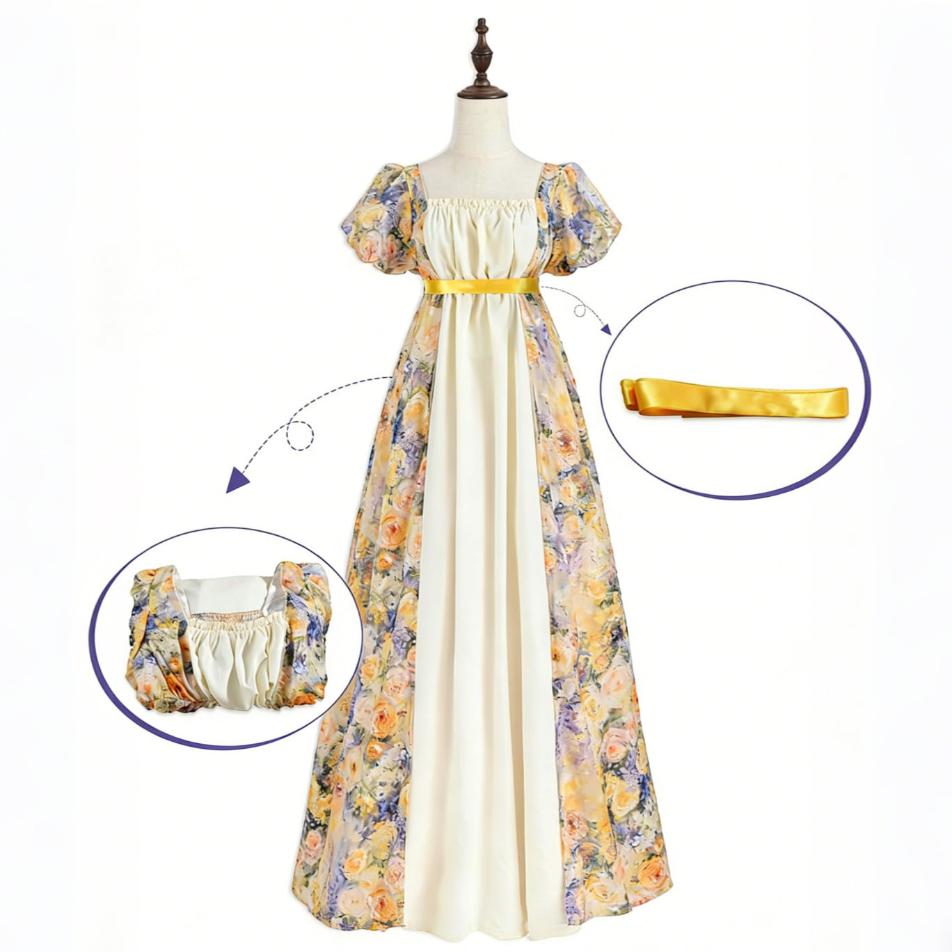 Women’s Bridgerton Style Regency Dress | Floral Maxi Gown with Puff Sleeves & Oil Painting Print - Halloweez
