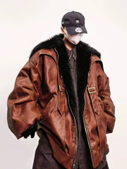 Men Vintage Faux Leather Parka Loose Fur‑Trim Winter Warm Coat Jacket