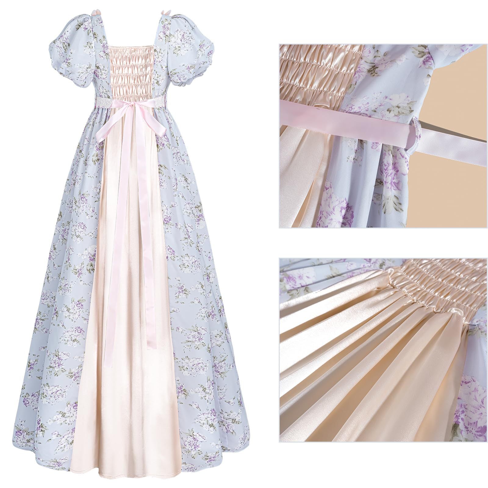 Bridgerton Inspired Women’s Regency Era Floral Maxi Dress – Puff Sleeve Empire Waist Gown for Cosplay & Themed Events - Halloweez