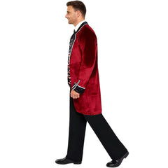 Dracula Meets Gothic Elegance: Men’s Vampire Cosplay Costume with Red Velvet Coat & Fangs Print Vest - Halloweez