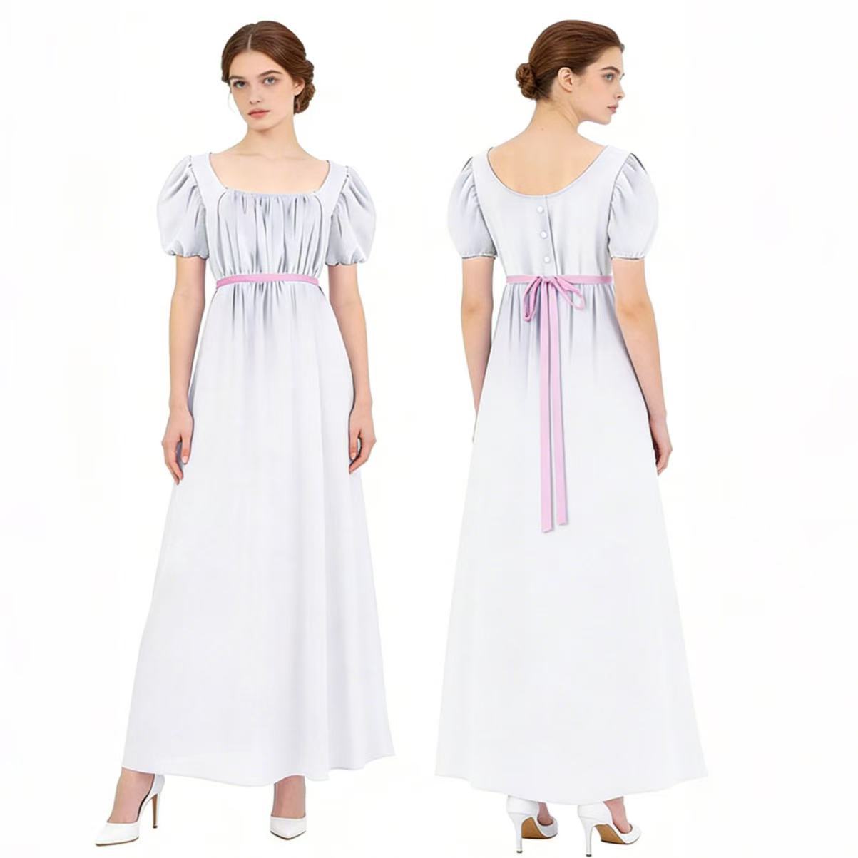 Bridgerton Inspired Women’s Regency Dress – Square Neck Empire Waist Maxi Gown with Puff Sleeves for Renaissance Fair, Tea Party & Historical Cosplay - Halloweez