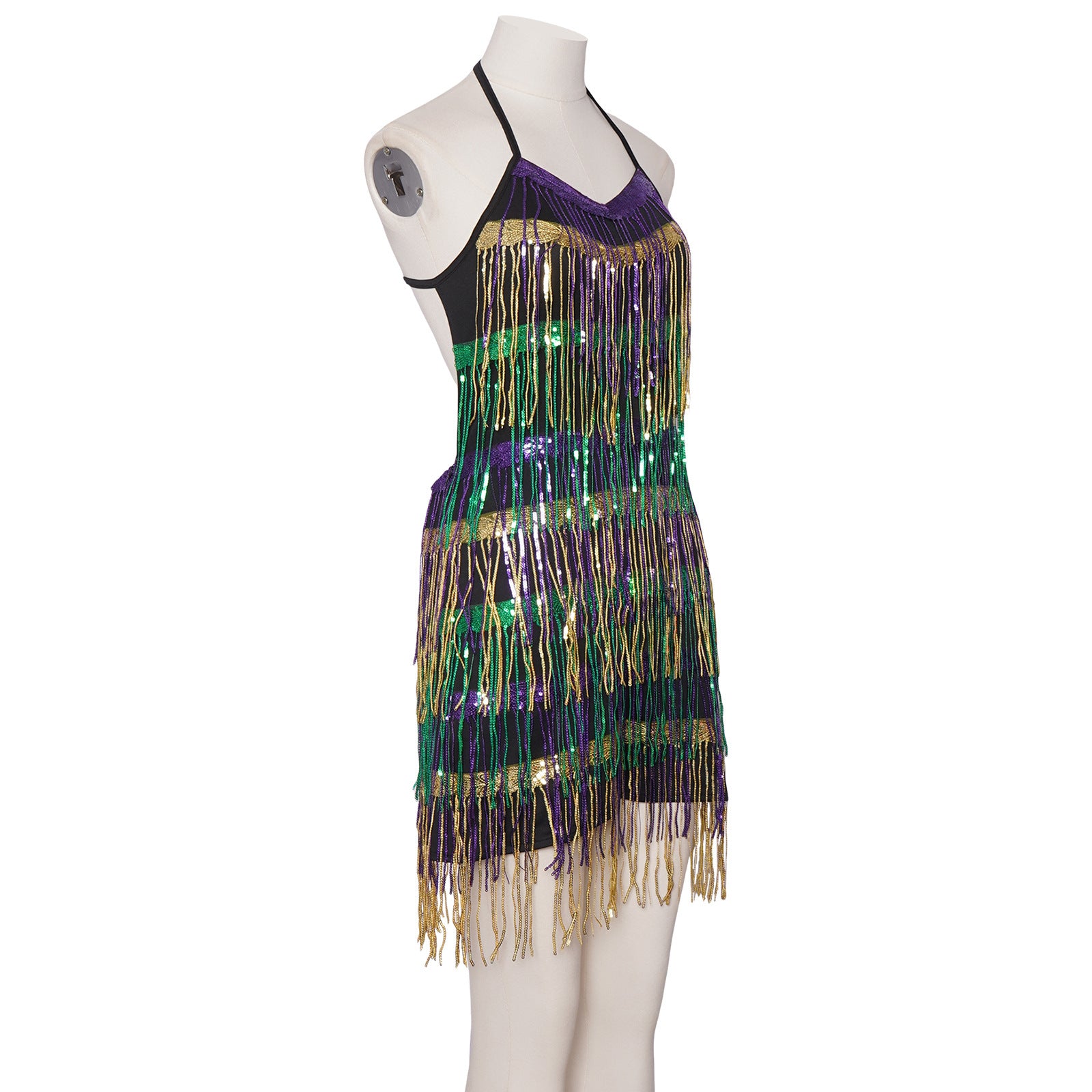New Latin Dance Performance Dress V-Neck Spaghetti Strap Sequin Tassel Dress Cosplay Costume - Halloweez
