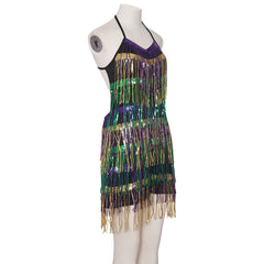 New Latin Dance Performance Dress V-Neck Spaghetti Strap Sequin Tassel Dress Cosplay Costume - Halloweez