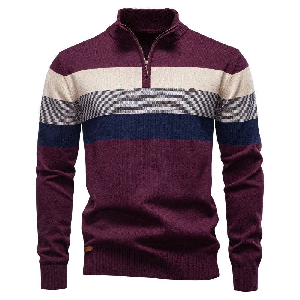 Men Half‑Zip Striped Knit Sweater, Stand Collar Pullover for Autumn Winter