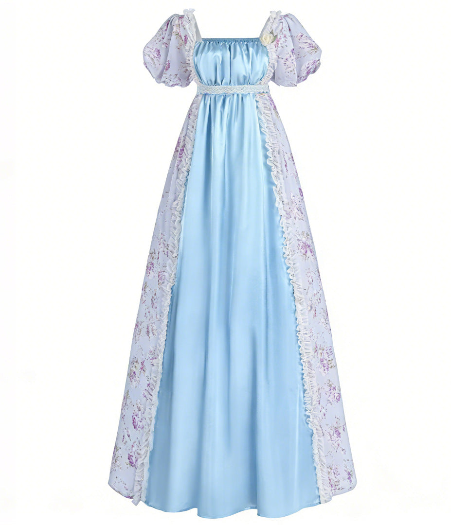 Bridgerton Inspired Women’s Regency Era Floral Maxi Dress – Puff Sleeve Empire Waist Gown for Cosplay & Themed Events - Halloweez