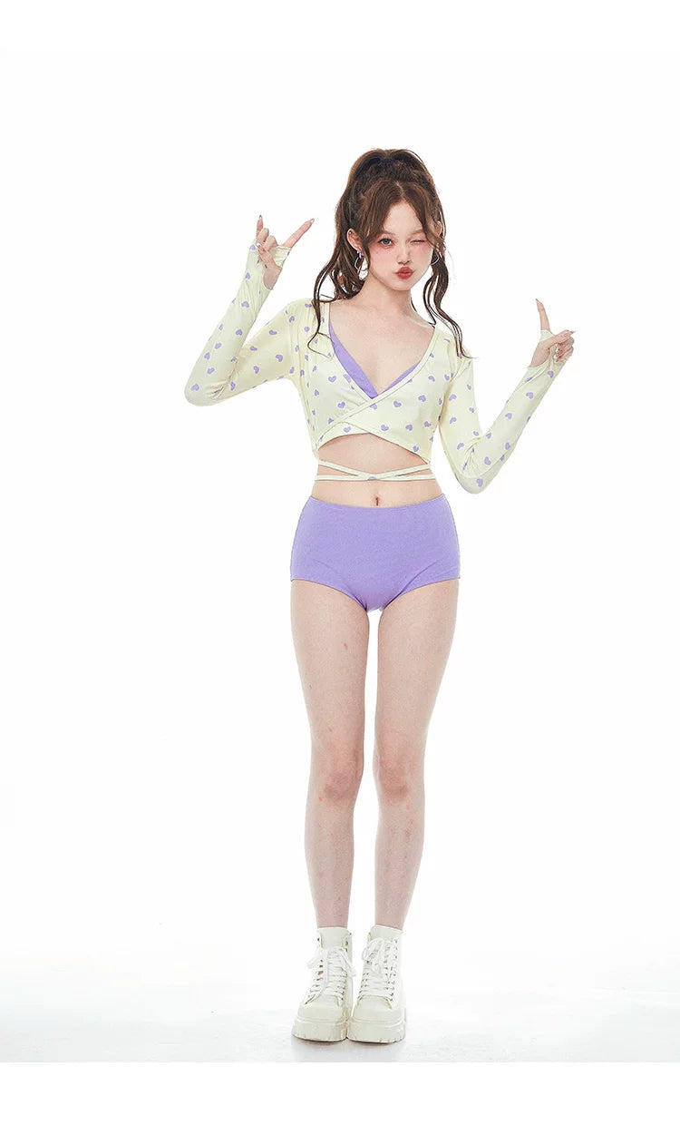 Stylish Purple 3 Piece Tankini Long Sleeve Tie Band Swimwear for Women - Halloweez
