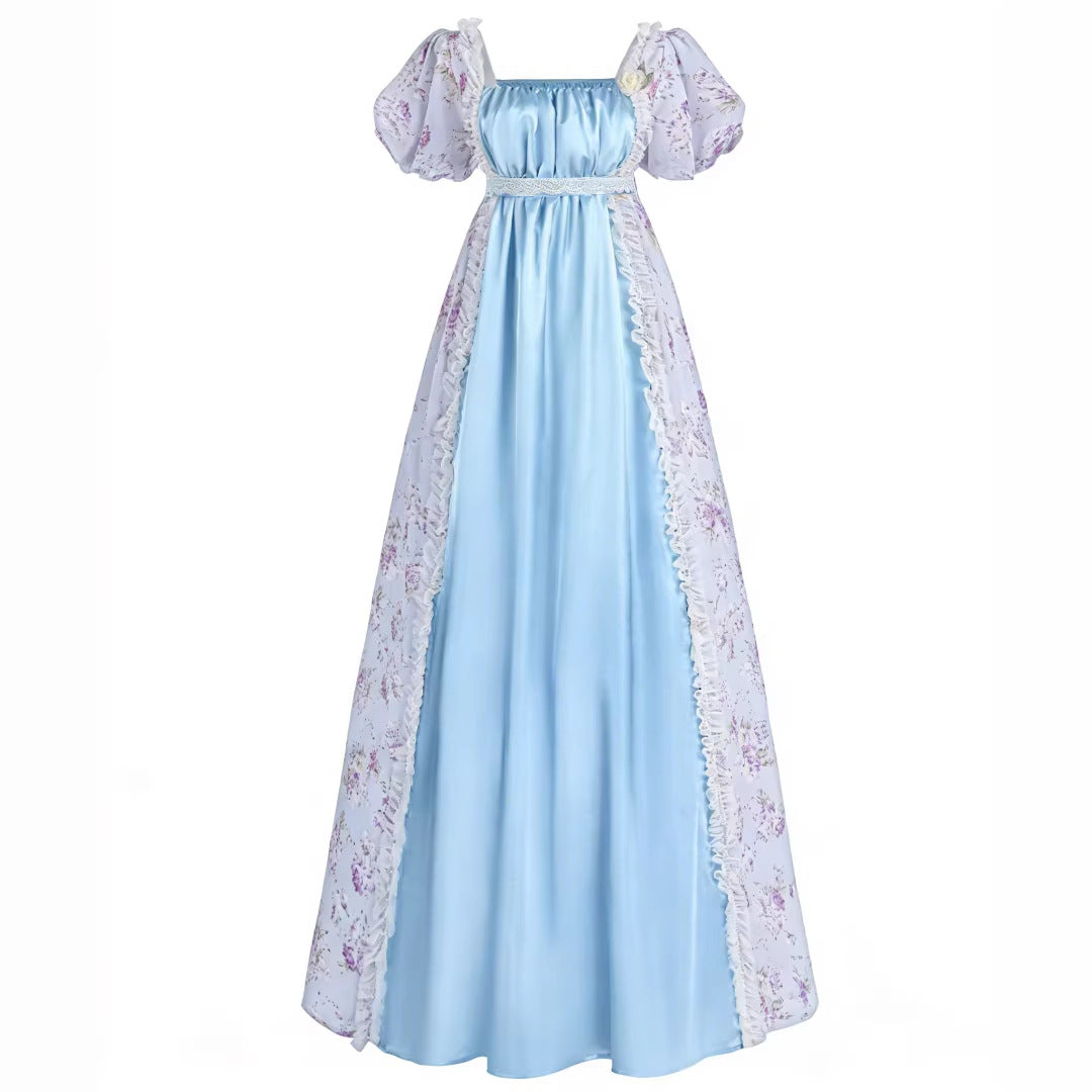 Bridgerton Inspired Women’s Regency Era Floral Maxi Dress – Puff Sleeve Empire Waist Gown for Cosplay & Themed Events - Halloweez