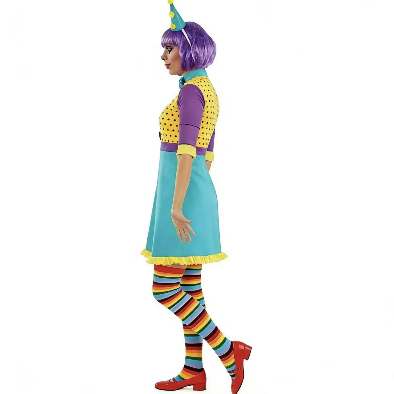 Women’s Colorful Clown Cosplay Costume – Vibrant Polka Dot Dress & Wig Set for Halloween, Carnival & Themed Parties - Halloweez