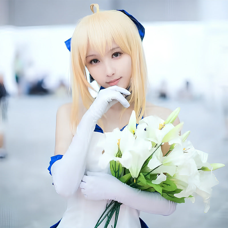 Fate Series Saber Lily White Dress Cosplay Costume, Artoria Pendragon Lily Strapless Sailor Dress Set For Anime Convention Role Play - Halloweez