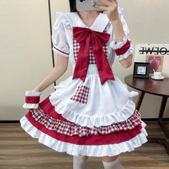 Cute Gingham Lolita Maid Cosplay Costume, Custom Plus Size Available