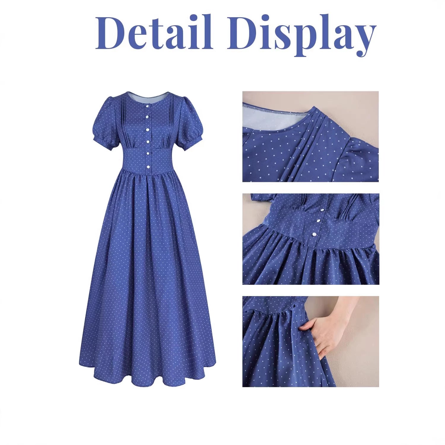 Women’s Blue Polka Dot Pioneer Dress with Apron – Vintage Maid Costume for Farm Roleplay, Cosplay, and Themed Events - Halloweez