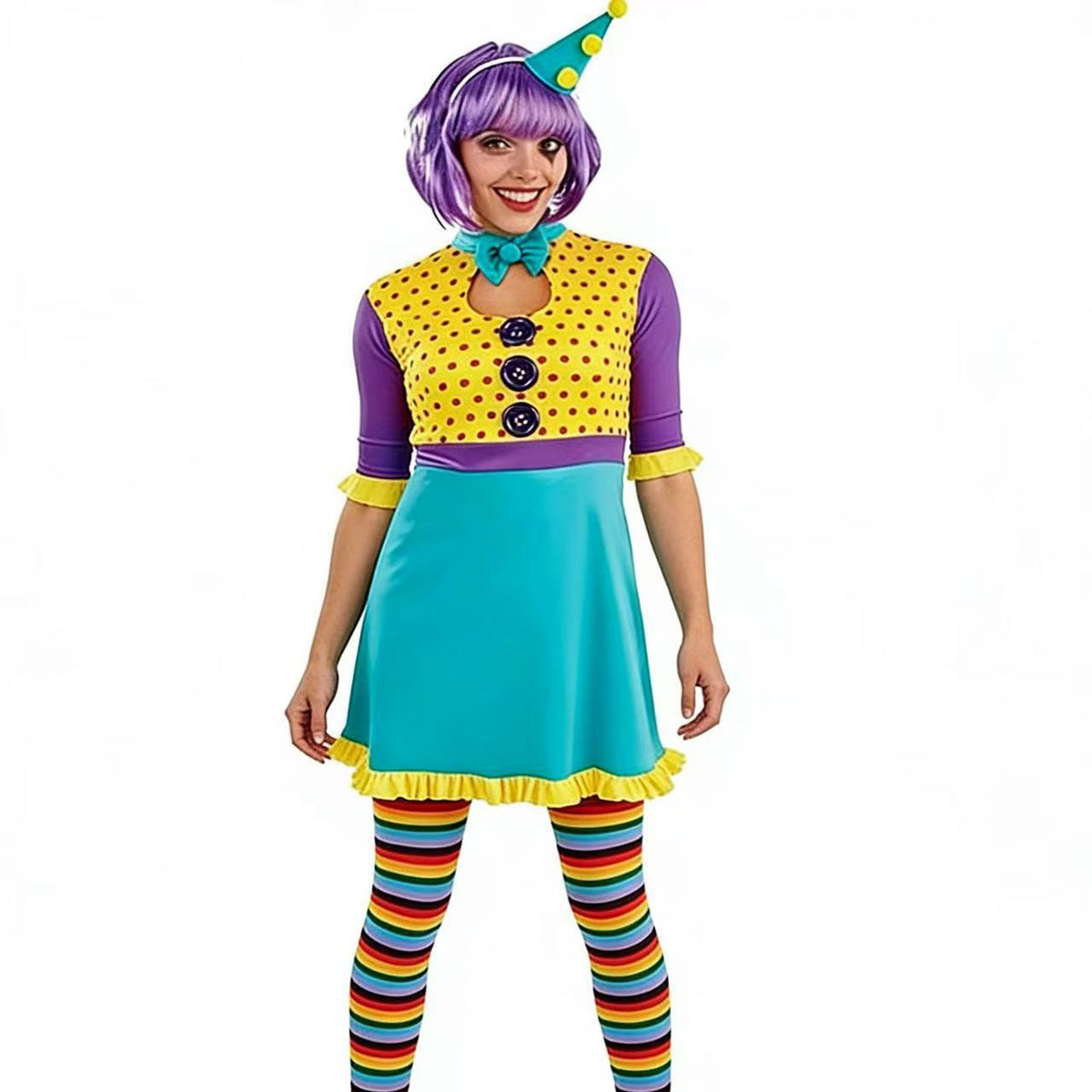 Women’s Colorful Clown Cosplay Costume – Vibrant Polka Dot Dress & Wig Set for Halloween, Carnival & Themed Parties - Halloweez