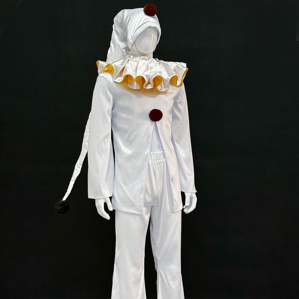 The Freak Circus Old Design White Pierrot Harlequin Halloween Clown Cosplay Costume - Halloweez