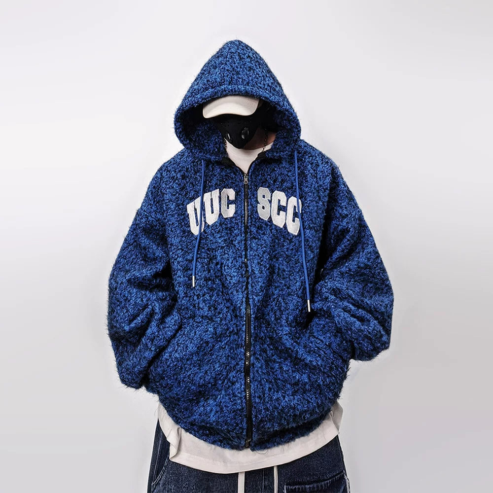 Men Oversized Hip‑Hop Zip Up Hoodie Fuzzy Mohair Fleece Cardigan Jacket
