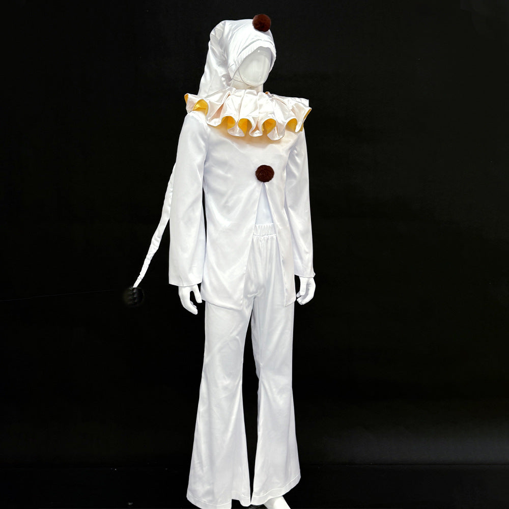 The Freak Circus Old Design White Pierrot Harlequin Halloween Clown Cosplay Costume - Halloweez