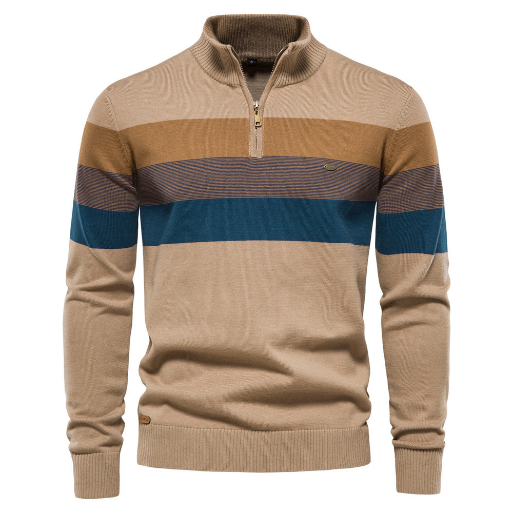 Men Half‑Zip Striped Knit Sweater, Stand Collar Pullover for Autumn Winter