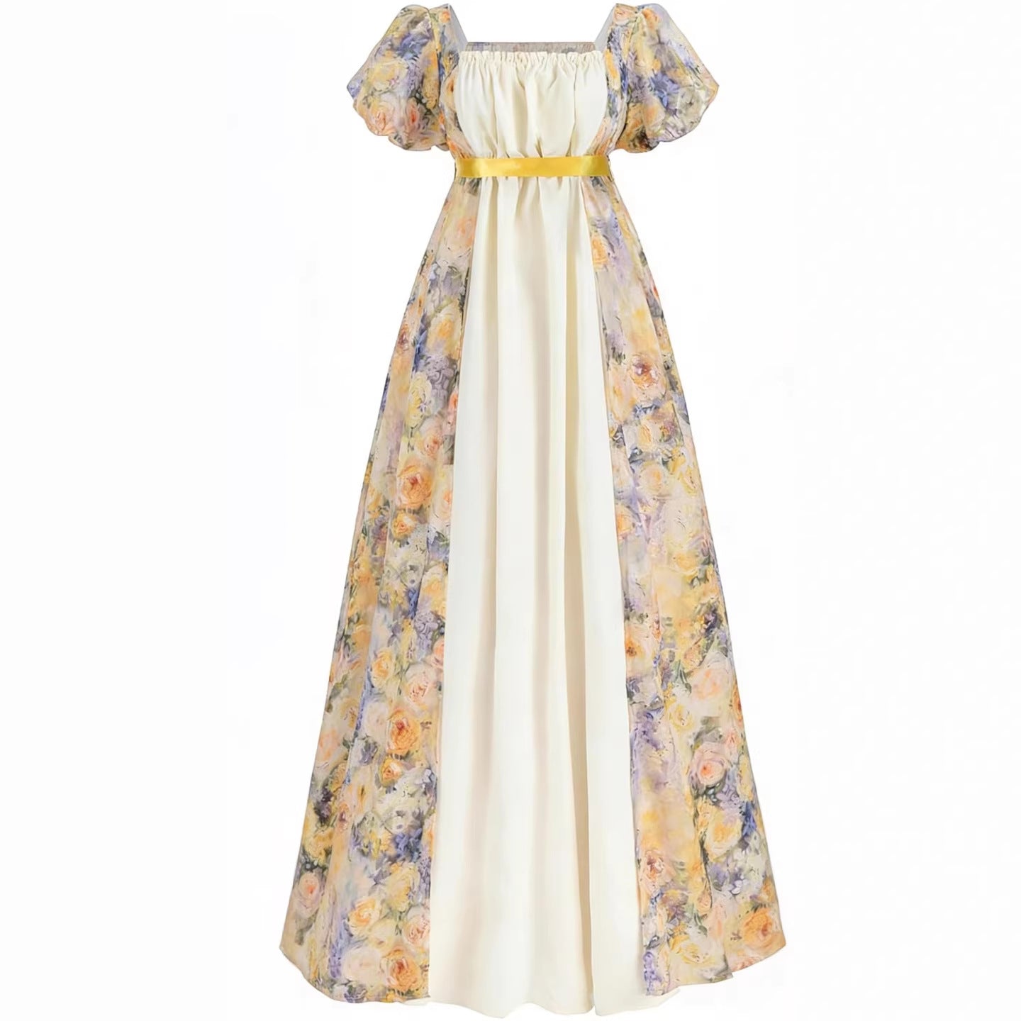 Bridgerton Inspired Women’s Regency Era Floral Maxi Dress – Puff Sleeve Empire Waist Gown for Cosplay & Themed Events - Halloweez