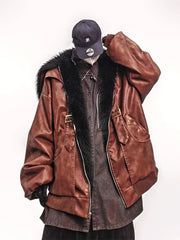 Men Vintage Faux Leather Parka Loose Fur‑Trim Winter Warm Coat Jacket