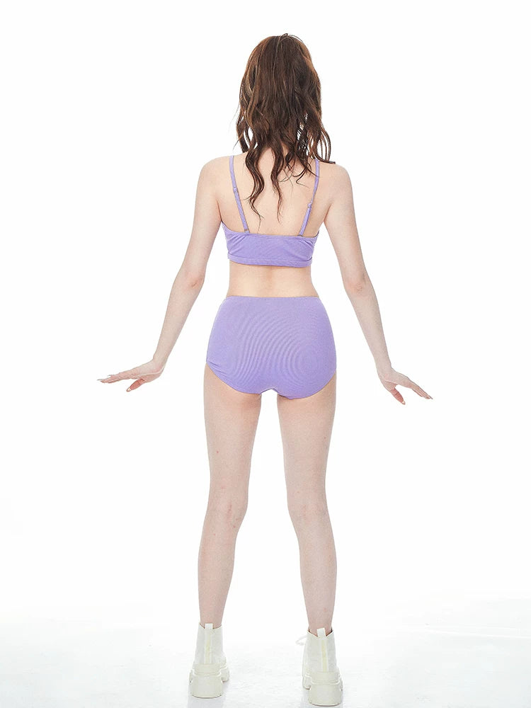 Stylish Purple 3 Piece Tankini Long Sleeve Tie Band Swimwear for Women - Halloweez