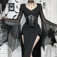 Addams Family Gothic Witch Cosplay Dress, Custom Split Waist Outfit for Halloween
