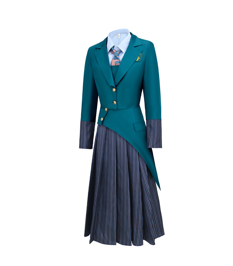 Wicked Glinda Elphaba Girls Uniform Cosplay Blue Shirt Green Coat Outfit - Halloweez