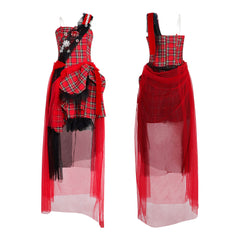Aespa Same Stage Look Cosplay Costume,Red Plaid Mesh Tutu Dress Dance Outfit Set