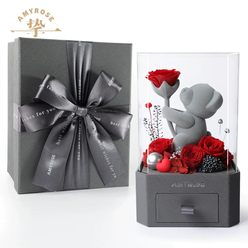 Halloweez Eternal Love Flower Gift - Exquisite Rose Bouquet in Box with Cute Bear and Bunny for Special Occasions