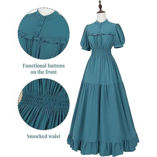 Women’s Black Ruffled Midi Dress – Vintage High Neck Smocked Waist Tiered Gothic & Maid Cosplay Costume - Halloweez
