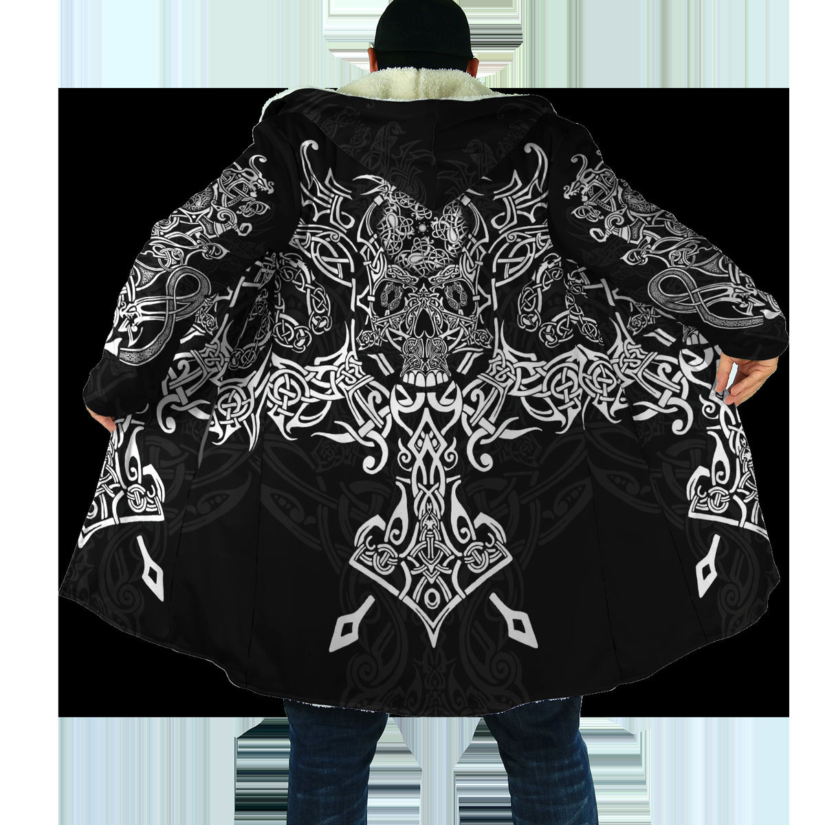 Viking Raven Print Hooded Cloak Fleece Warm Button‑Up House Coat