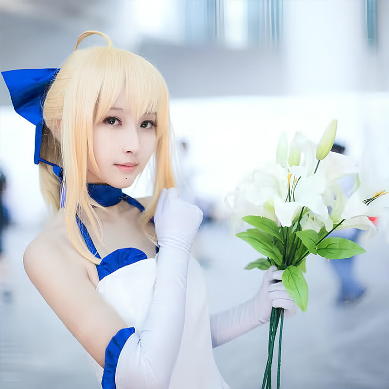 Fate Series Saber Lily White Dress Cosplay Costume, Artoria Pendragon Lily Strapless Sailor Dress Set For Anime Convention Role Play - Halloweez