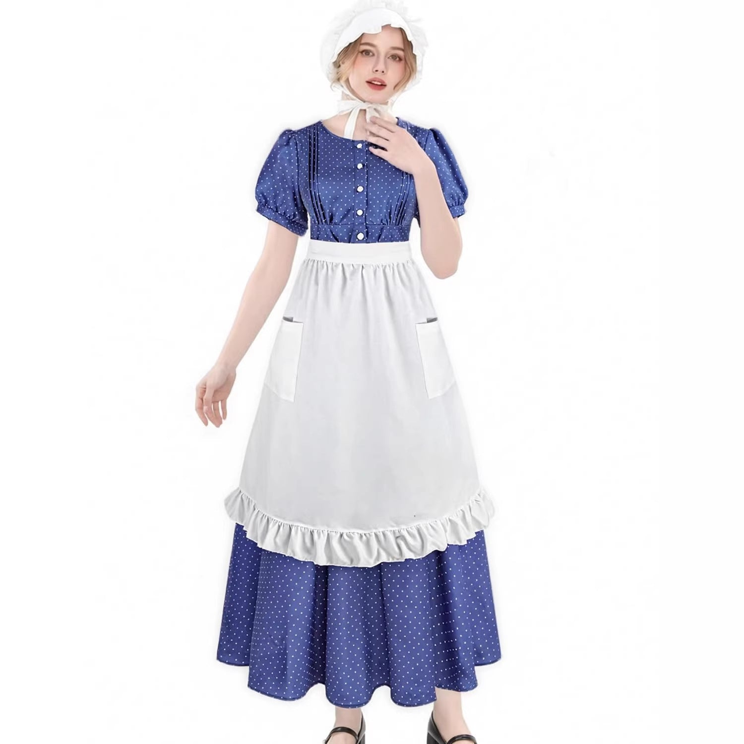Women’s Blue Polka Dot Pioneer Dress with Apron – Vintage Maid Costume for Farm Roleplay, Cosplay, and Themed Events - Halloweez