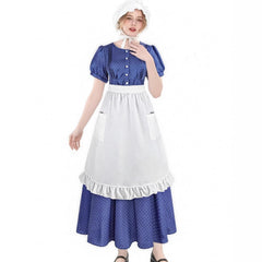Women’s Blue Polka Dot Pioneer Dress with Apron – Vintage Maid Costume for Farm Roleplay, Cosplay, and Themed Events - Halloweez